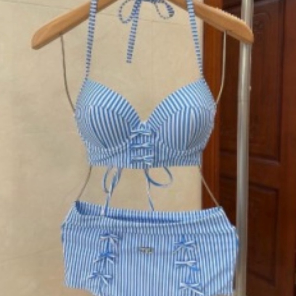 Blue and White Striped Lace-Up Bikini Set